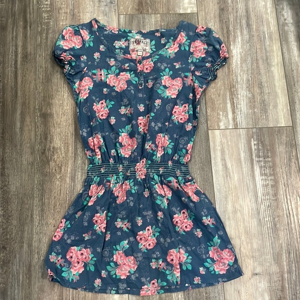 Fat Face Girls Floral Short Sleeve Blue Dress Size 10/11